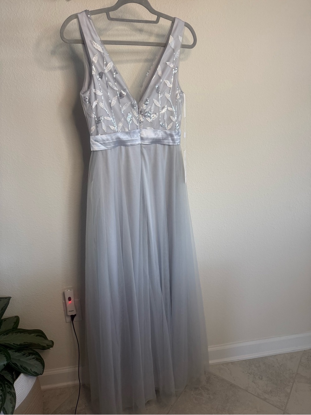 Silver Gray V-Neck Tulle Prom Dress with Embellished Bodice